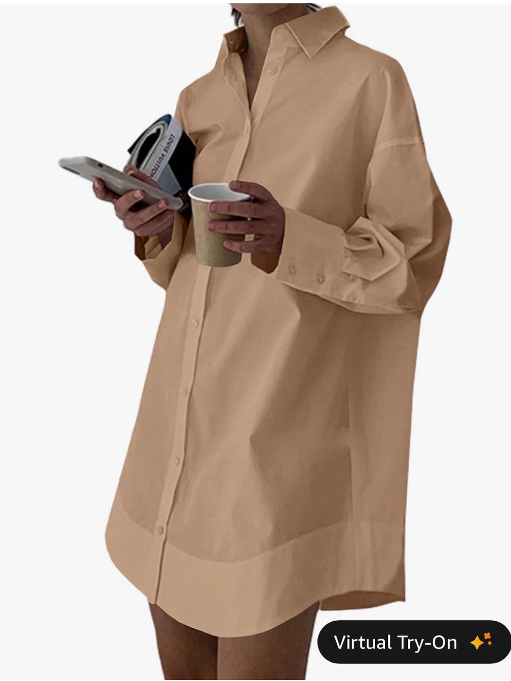 Lyaner Collared Button Down Classic Oversized Long Sleeve Shirt Dress, Khaki